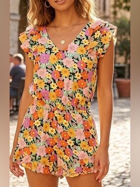 NWT Umgee Floral Ruffle Romper in Pink, Yellow & Orange on Black